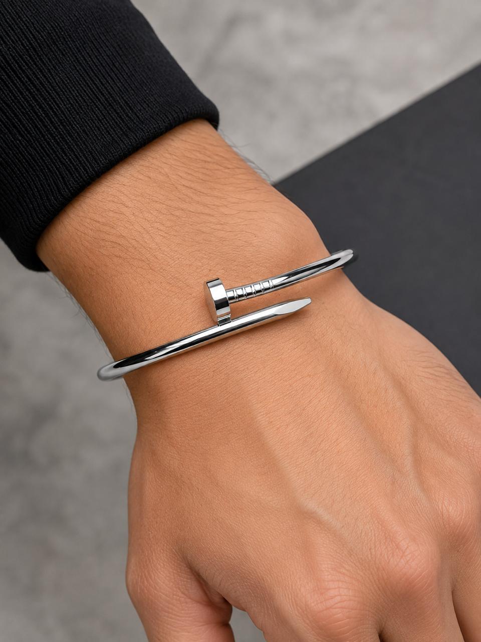 Nail Design Cuff Bracelet - Stainless Steel Silver Bangle